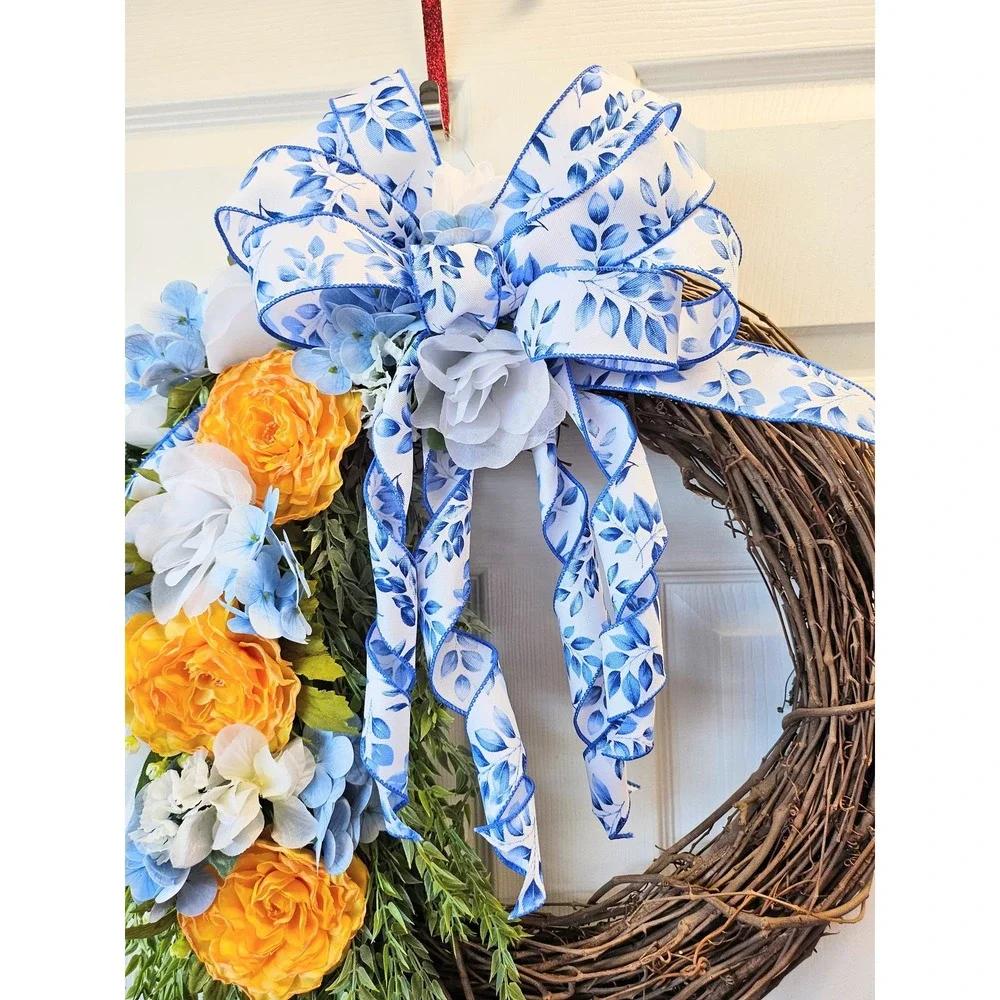 Hand Crafted Floral Grapevine‎ Wreath 16 inch Yellow Ranunculus Blue Hydrangea